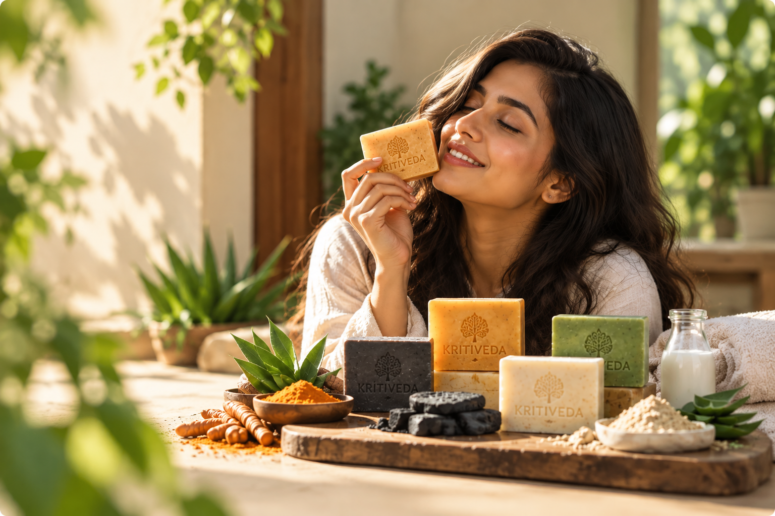 Woman enjoying a Kritiveda handmade soap surrounded by natural ingredients